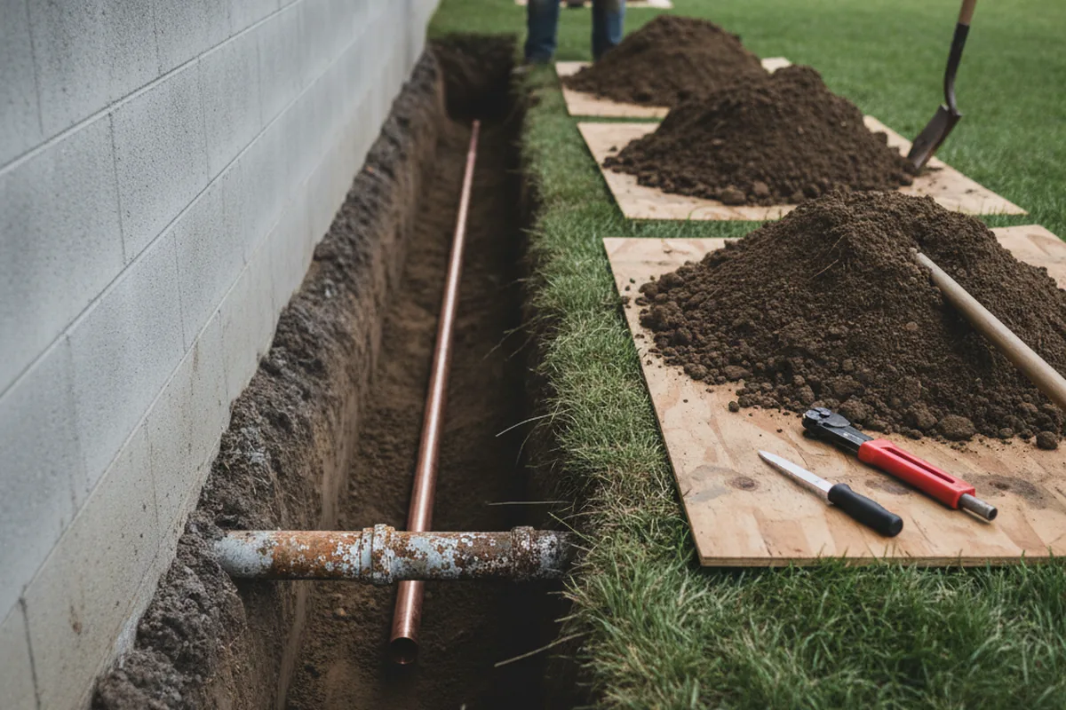 Excavated water line trench during Water Heater Repair in Allen